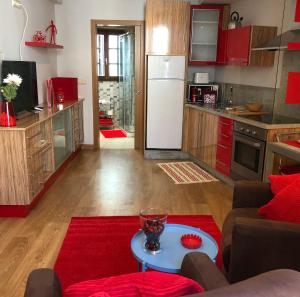 a kitchen and living room with a red rug at Carmine & Violet Home in Santiago de Compostela