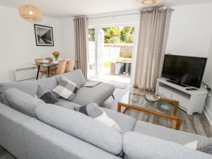 a living room with a grey couch and a tv at 3 Parc Delfryn in Brynteg