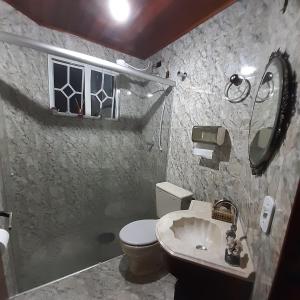 a bathroom with a toilet and a sink and a mirror at SILVÉRIOS Suítes DA MONTANHA in Campos do Jordão