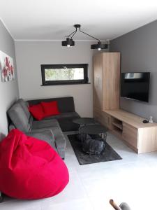 ein Wohnzimmer mit einem Sofa und einem Flachbild-TV in der Unterkunft Boszkowo Makowa Cisza in Boszkowo