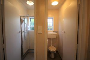 a small bathroom with a toilet and a shower at Beach Lodge Motels in Dunedin