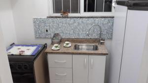 uma pequena cozinha com um lavatório e um fogão em Aconchego Valparaíso em Petrópolis