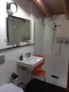 a bathroom with a sink and a shower with a red stool at Chez Philippe in Savièse