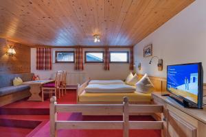 a living room with a bed and a tv in a room at Haus Moostal in Sankt Anton am Arlberg