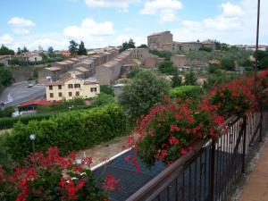 einen Balkon mit roten Blumen und einer Stadt in der Unterkunft Agriturismo Poggio Torreano in Farnese