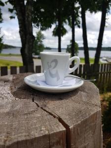 a coffee cup sitting on top of a table at North Lake Villa Plateliai in Plateliai