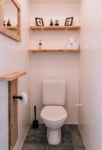 een badkamer met een wit toilet en planken bij Casa MaTi in Blankenberge +7 foto's