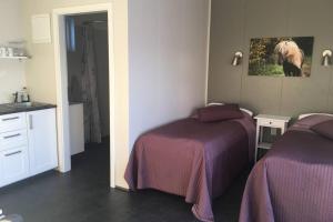 una camera con due letti e un quadro a muro di Strýta Apartment 3 a Ölfus