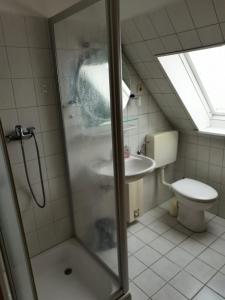 Un baño con ducha, inodoro y lavabo. en Kleine Krabbe, en Büsum