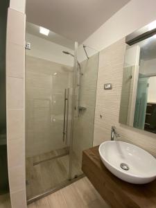 a bathroom with a sink and a shower at Apartment ALBA in Bovec