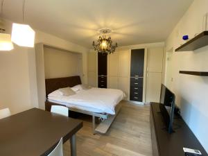 a small room with a bed and a television at Apartment ALBA in Bovec