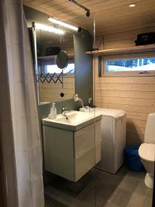 uma casa de banho com um lavatório e um WC em Skarehaug - koselig hytte med 3 soverom em Skadeland