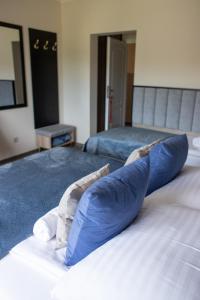 ブワディスワボボにあるDom Wypoczynkowy Małgosiaの- ベッドの上に座る青い枕2つ