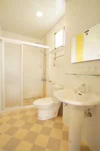 ein weißes Bad mit einem WC und einem Waschbecken in der Unterkunft 貓咪民宿Mini館-中午即可入房 in Taitung