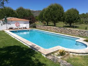 a swimming pool in a yard with a stone wall at Casa das Amoras in Santo António das Areias