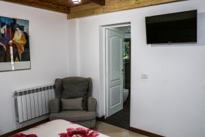 een kamer met een stoel en een televisie aan de muur bij Vila Deluț in Borşa