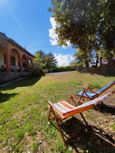 due sedie a sdraio sedute sull'erba in un cortile di Fonte Degna - Alloggio e Sito Storico a Citerna