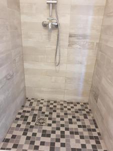 a bathroom with a shower with a checkered floor at vintage home in L'Isle-sur-la-Sorgue +22 photos