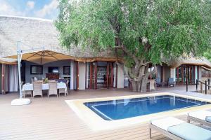 a swimming pool in front of a house with a tree at Madikwe Hills Private Game Lodge in Madikwe Game Reserve