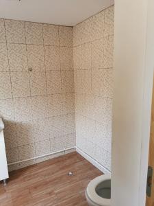 a bathroom with a toilet and a tiled wall at The Wooden House in Moldoveneşti