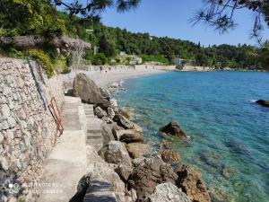a beach with a rock wall and the ocean at Apartment Botanicheskiy Sad in Sutomore