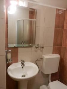 een badkamer met een wastafel, een toilet en een spiegel bij Guesthouse Ellite in Požarevac