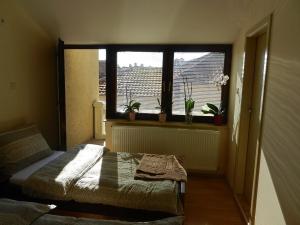 een kleine slaapkamer met een bed en een raam bij Guesthouse Ellite in Požarevac