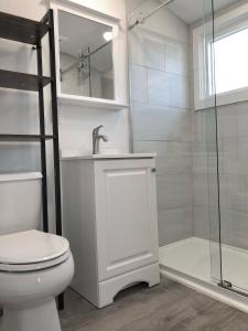 a bathroom with a toilet and a sink and a shower at Kingfisher Oceanside in Dennis Port