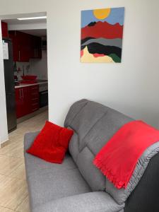プラヤ・ブランカにあるArtsy Casa Timanfaya, Playa Blancaのグレーのソファ(赤い枕付)