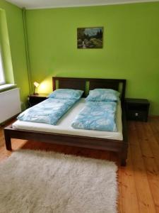 a bed in a room with a green wall at Baltic Home in Polanica-Zdrój