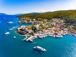 an aerial view of a small harbor with boats at Angel Apartment in Fiskardo