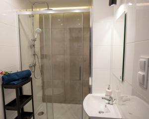 a bathroom with a shower and a sink and a shower at Apartament Marta in Warsaw
