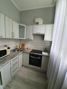 a kitchen with white cabinets and a sink and a microwave at Центр.Леся Українка in Lutsk +14 photos