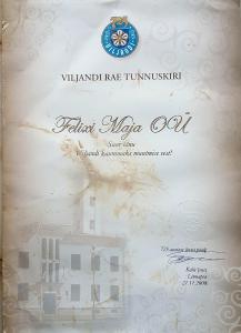 Certifikát, hodnocení, plakát nebo jiný dokument vystavený v ubytování Felixi Maja