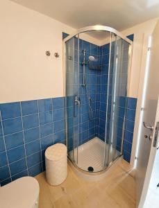 a blue tiled bathroom with a shower and a toilet at La Perla del Golfo in Capoliveri +27 photos