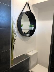 W łazience znajduje się czarne lustro i toaleta. w obiekcie Studio climatisé avec balcon face aux arènes d'Arles w mieście Arles