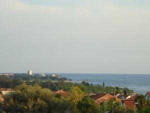 a view of a town with the ocean in the background at Anita's Terrace Apartment in Zambratija