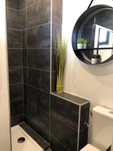 La salle de bains est pourvue d'une douche carrelée de noir et d'un miroir. dans l'établissement Studio climatisé avec balcon face aux arènes d'Arles, à Arles