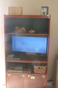 a entertainment center with a flat screen tv on a shelf at Mi Corazon huisnummer 122 in De Panne