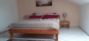 a bedroom with a bed with two red pillows at Seeblick Kampf mit Fahrradgarage in Nonnenhorn