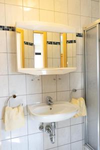a bathroom with a sink and a mirror at Gäste- und Appartementhaus Roswitha Huber in Würding +9 photos