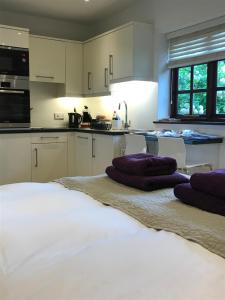 una cocina con armarios blancos y almohadas moradas en una cama en The Burrow en Wellesbourne Hastings