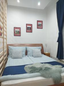 een slaapkamer met een bed met blauwe lakens en bontkussens bij Authentic Belgrade Centre Apartments in Belgrado
