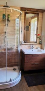 y baño con ducha y lavamanos. en HubaBuba, en Ventspils