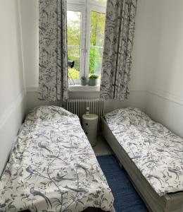 2 Einzelbetten in einem Zimmer mit Fenster in der Unterkunft Hedmansgården in Västra Torp