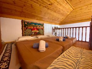 Duas camas grandes num quarto com tectos em madeira em Villa Afroditi em Halki