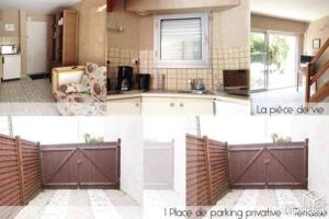 un collage de imágenes de una cocina con puerta en MAISON T2 WIFI Parking Privé Les Sables d'Olonne 9mn à Pied Plage Présidents, en La Rudelière