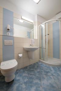 a bathroom with a toilet and a sink and a shower at Felicity Garni Hotel in Bratislava
