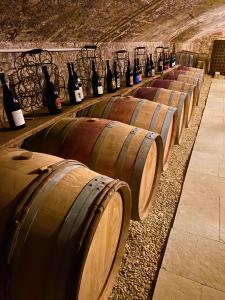 a row of wine barrels in a cellar at Chateau des Janroux in Juliénas