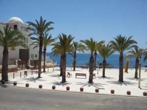 uma fila de palmeiras em frente a um edifício em Apartamento Vistas Espectaculares al Mar em Carboneras
